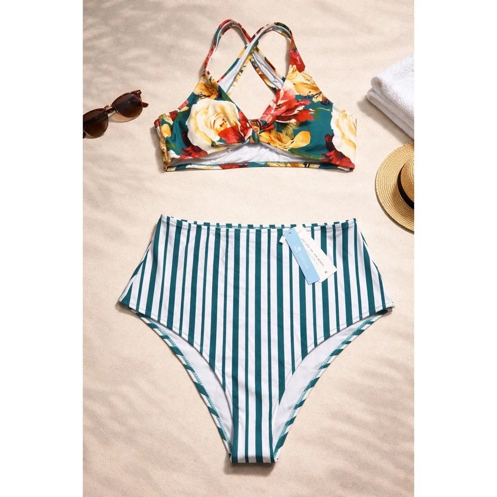 CUPSHE Floral and Stripe Knotted High Waisted Bikini | NWT - SIZE M - Picture 3 of 10